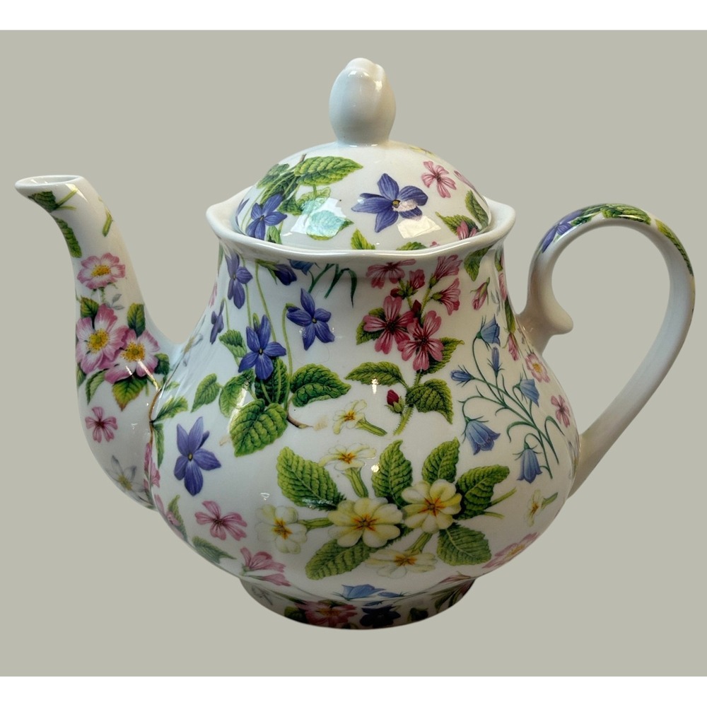 Kent Pottery Teapot Floral Chintz English Country Garden Violas Forget-Me-Nots